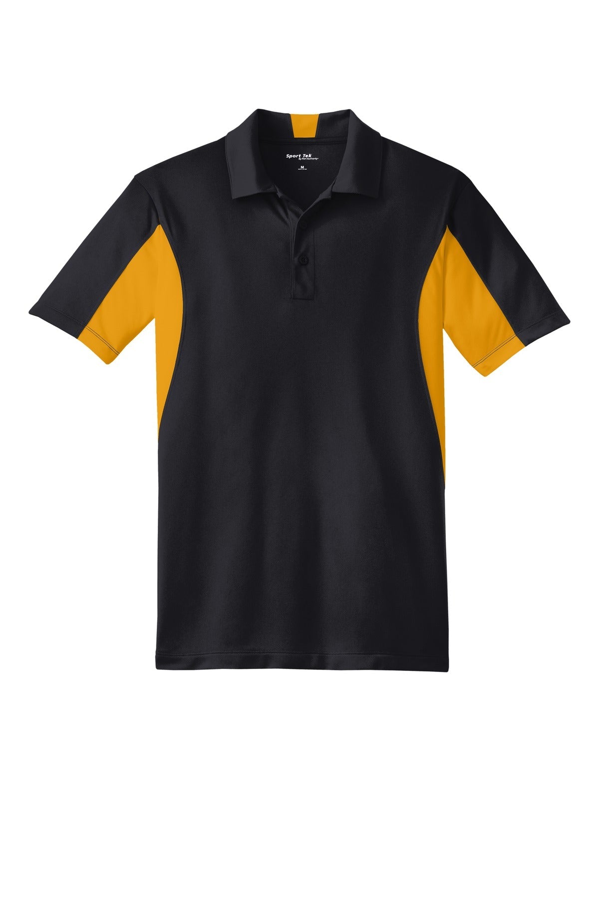 Sport-Tek Tall Side Blocked Micropique Sport-Wick Polo in color black with gold armpits against a white background