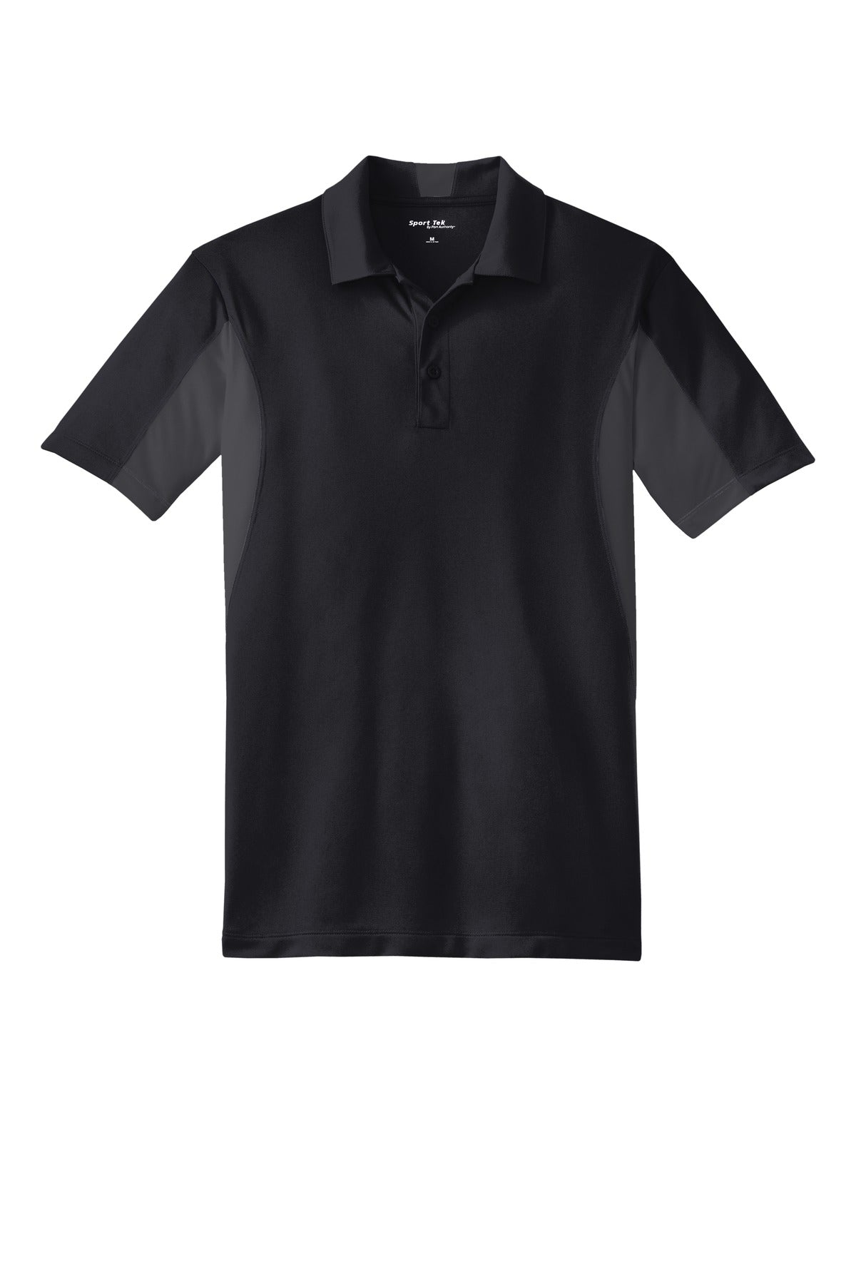 Sport-Tek Tall Side Blocked Micropique Sport-Wick Polo in color black with iron grey armpits against a white background