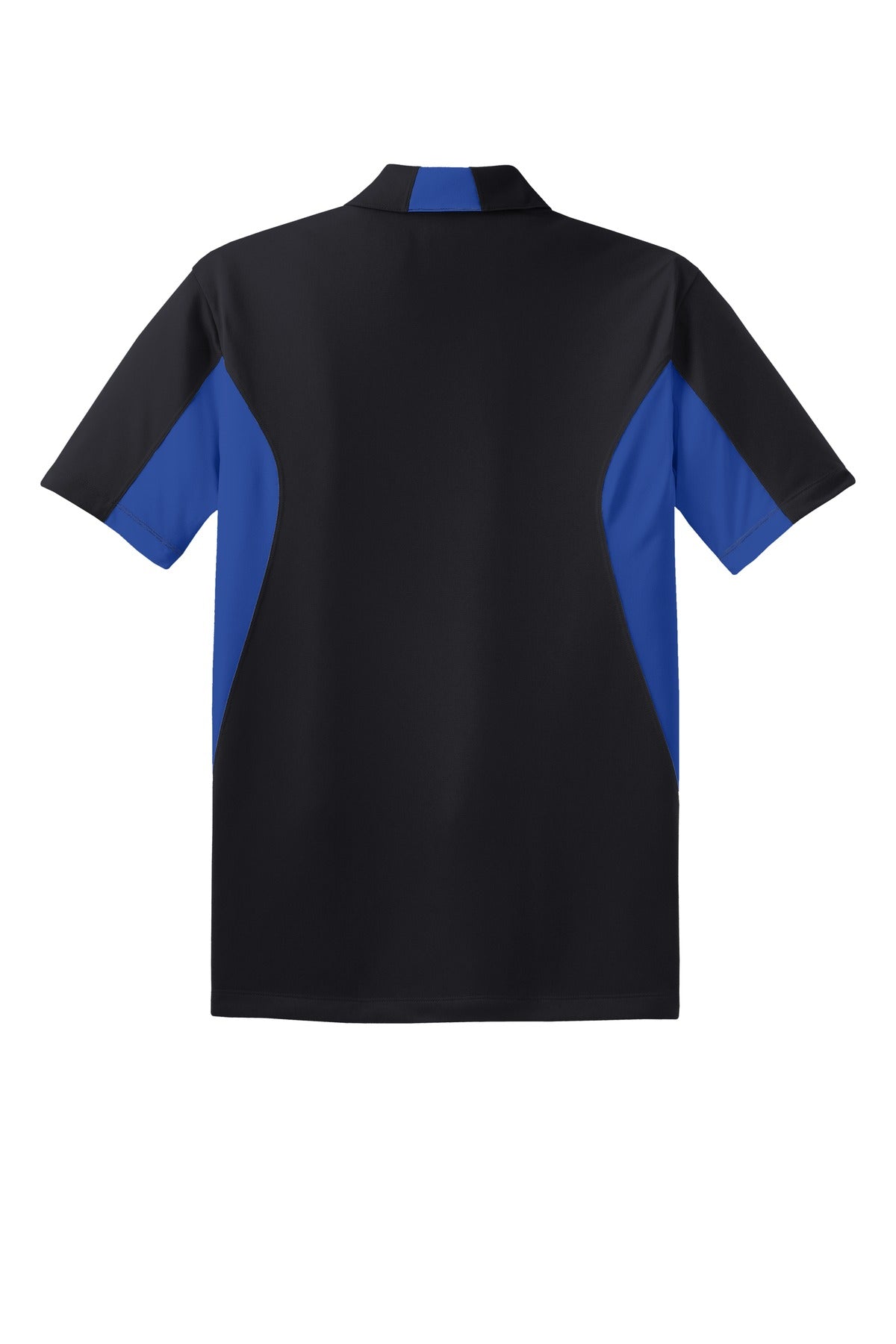 Sport-Tek Tall Side Blocked Micropique Sport-Wick Polo in color black with true royal armpits showing the back of the shirt against a white background