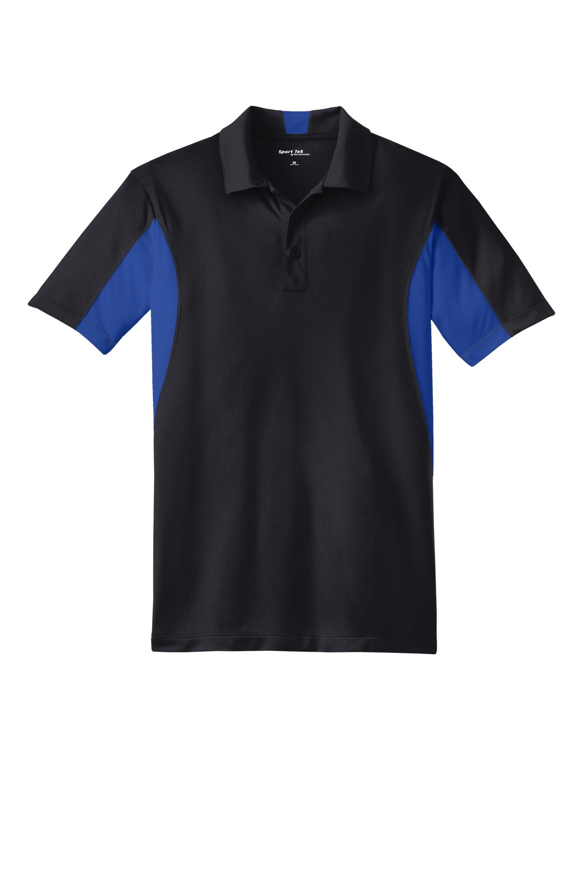 Sport-Tek Tall Side Blocked Micropique Sport-Wick Polo in color black with true royal armpits against a white background