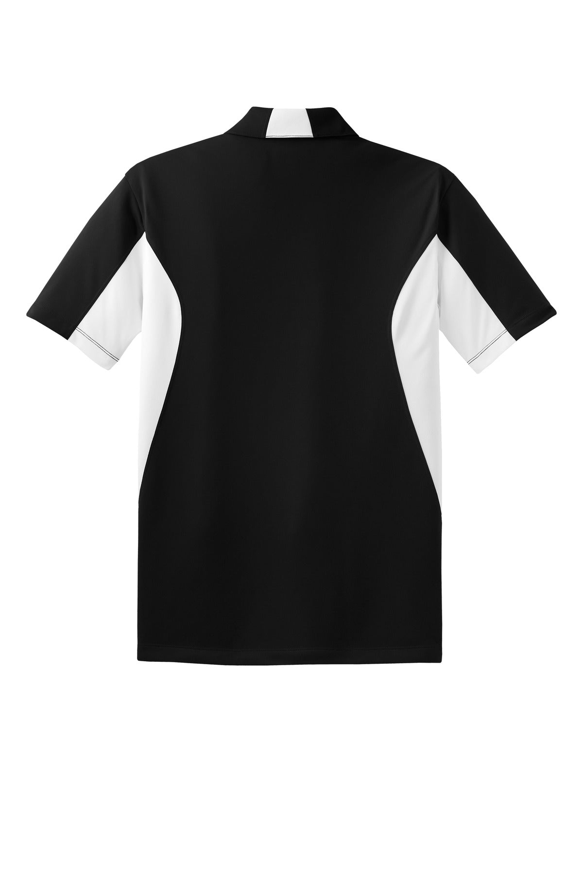 Sport-Tek Tall Side Blocked Micropique Sport-Wick Polo in color black with white armpits showing the back of the shirt against a white background
