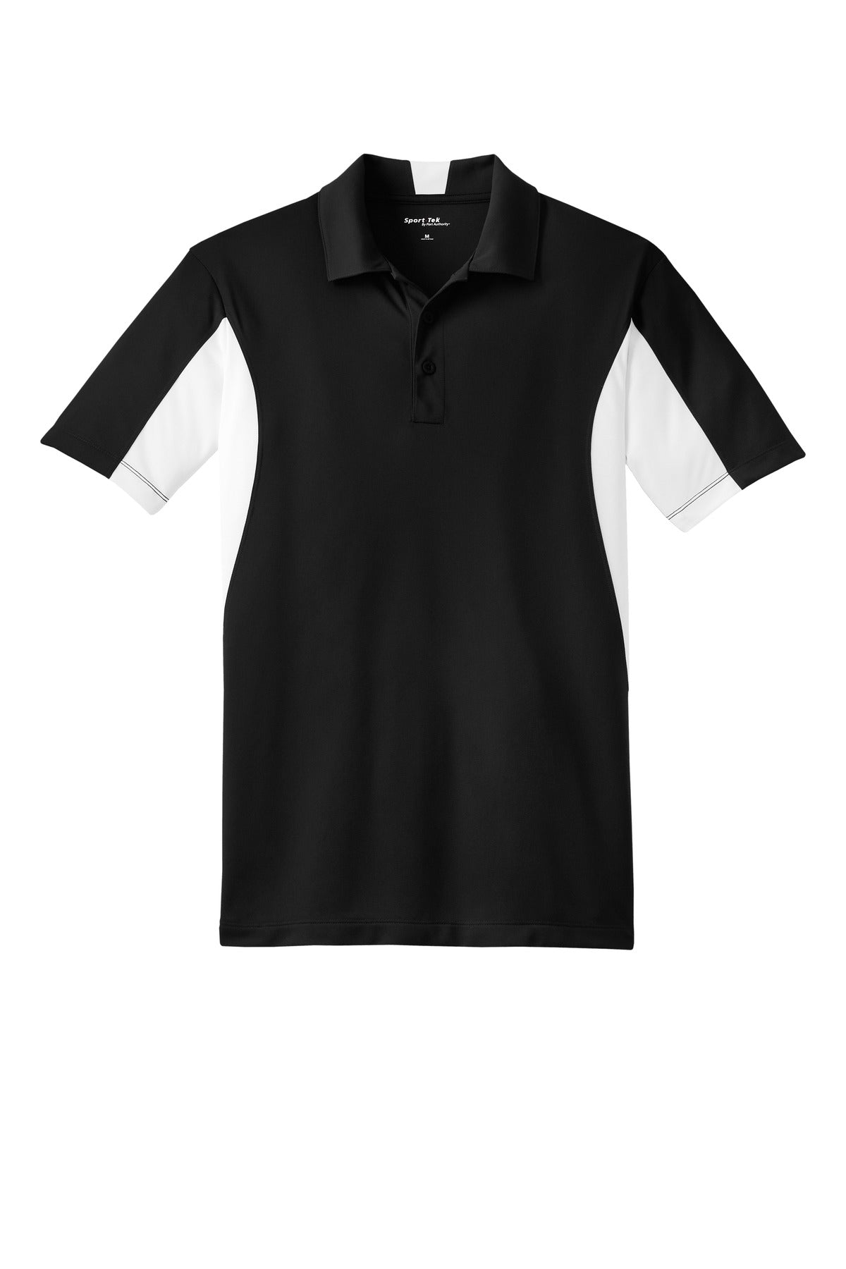 Sport-Tek Tall Side Blocked Micropique Sport-Wick Polo in color black with white armpits against a white background