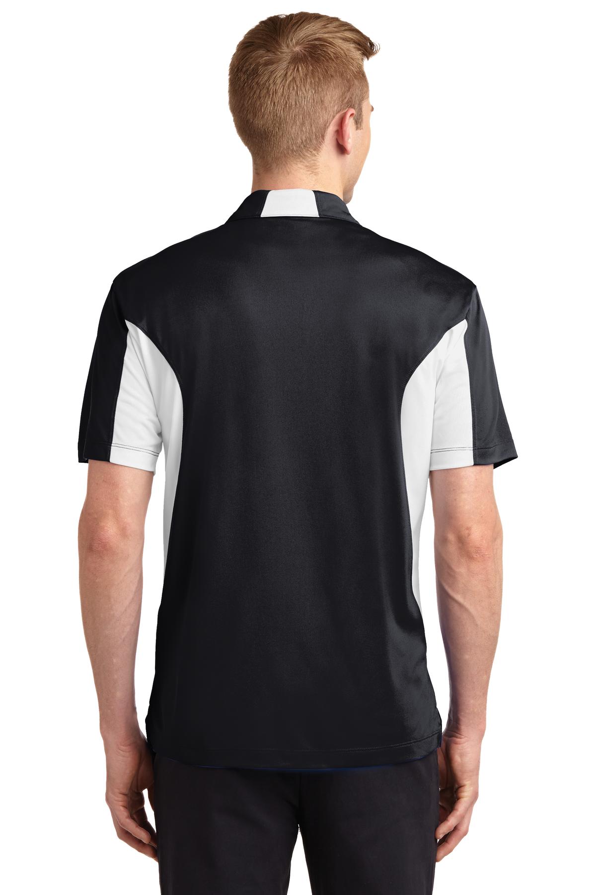 tall male model 6'4 wearing a medium Sport-Tek Tall Side Blocked Micropique Sport-Wick Polo in color black with white armpits showing the back of the shirt against a white background