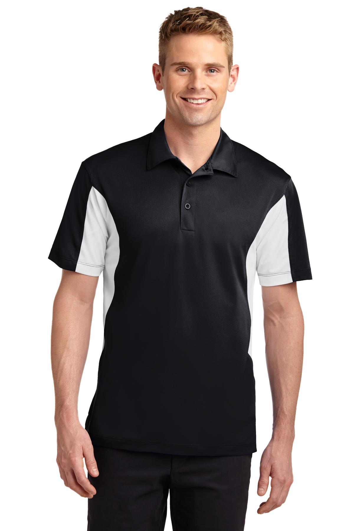 tall male model 6'4 wearing a medium Sport-Tek Tall Side Blocked Micropique Sport-Wick Polo in color black with white armpits against a white background