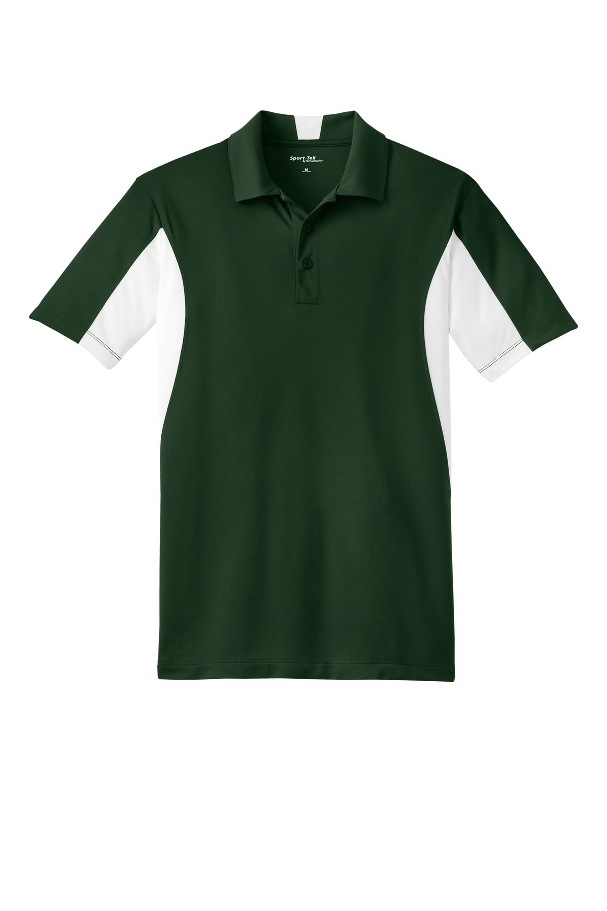 Sport-Tek Tall Side Blocked Micropique Sport-Wick Polo in color forest green with white armpits against a white background