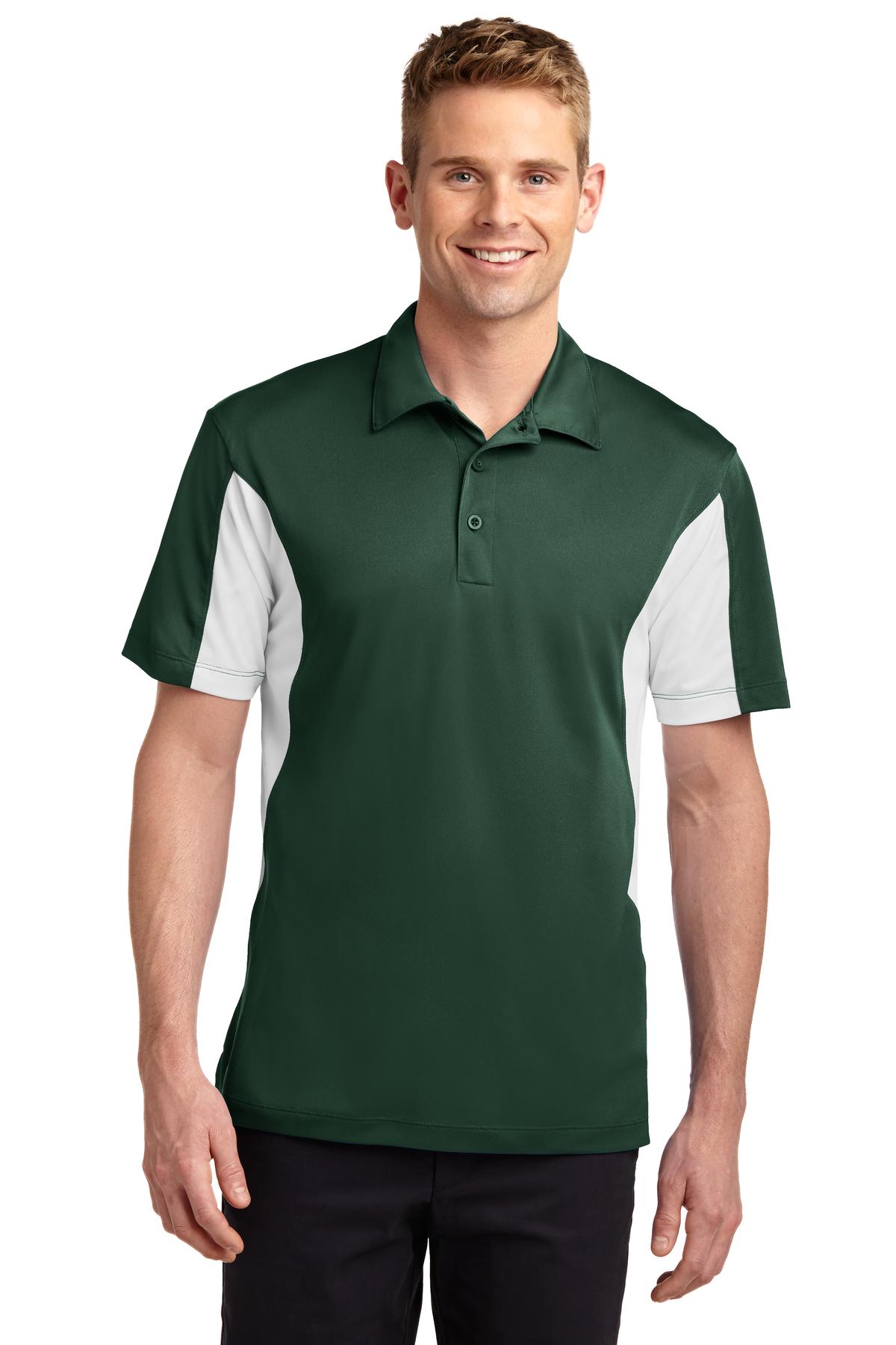 tall male model 6'4 wearing a medium Sport-Tek Tall Side Blocked Micropique Sport-Wick Polo in color forest green with white armpits against a white background