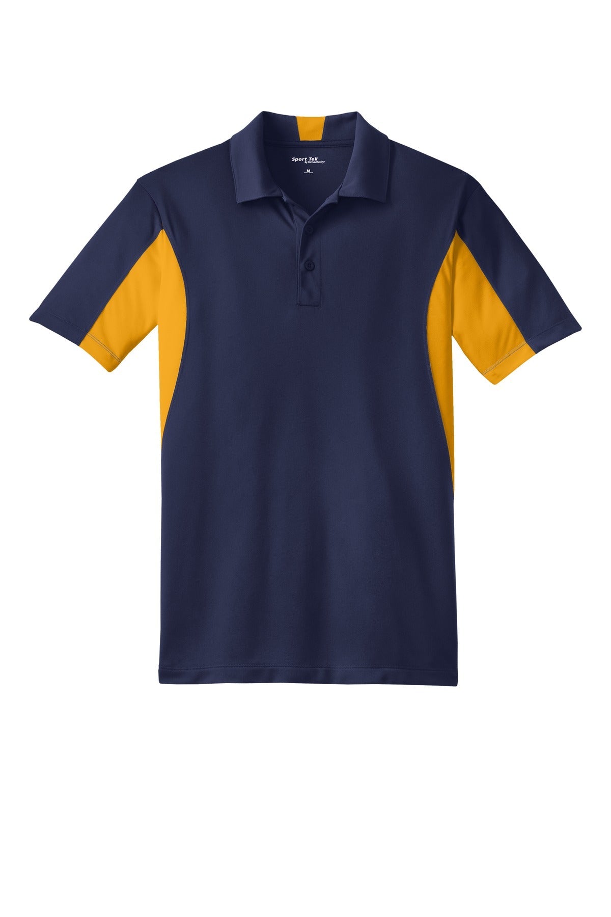 Sport-Tek Tall Side Blocked Micropique Sport-Wick Polo in color true navy with gold armpits against a white background