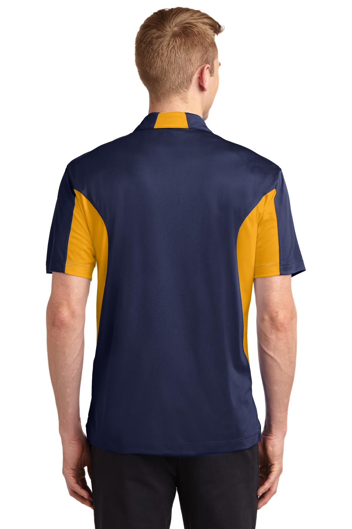 tall male model 6'4 wearing a medium Sport-Tek Tall Side Blocked Micropique Sport-Wick Polo in color true navy with gold armpits showing the back of the shirt against a white background