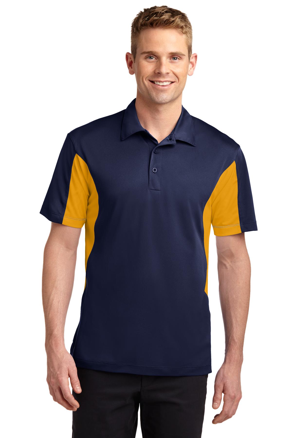 tall male model 6'4 wearing a medium Sport-Tek Tall Side Blocked Micropique Sport-Wick Polo in color true navy with gold armpits against a white background
