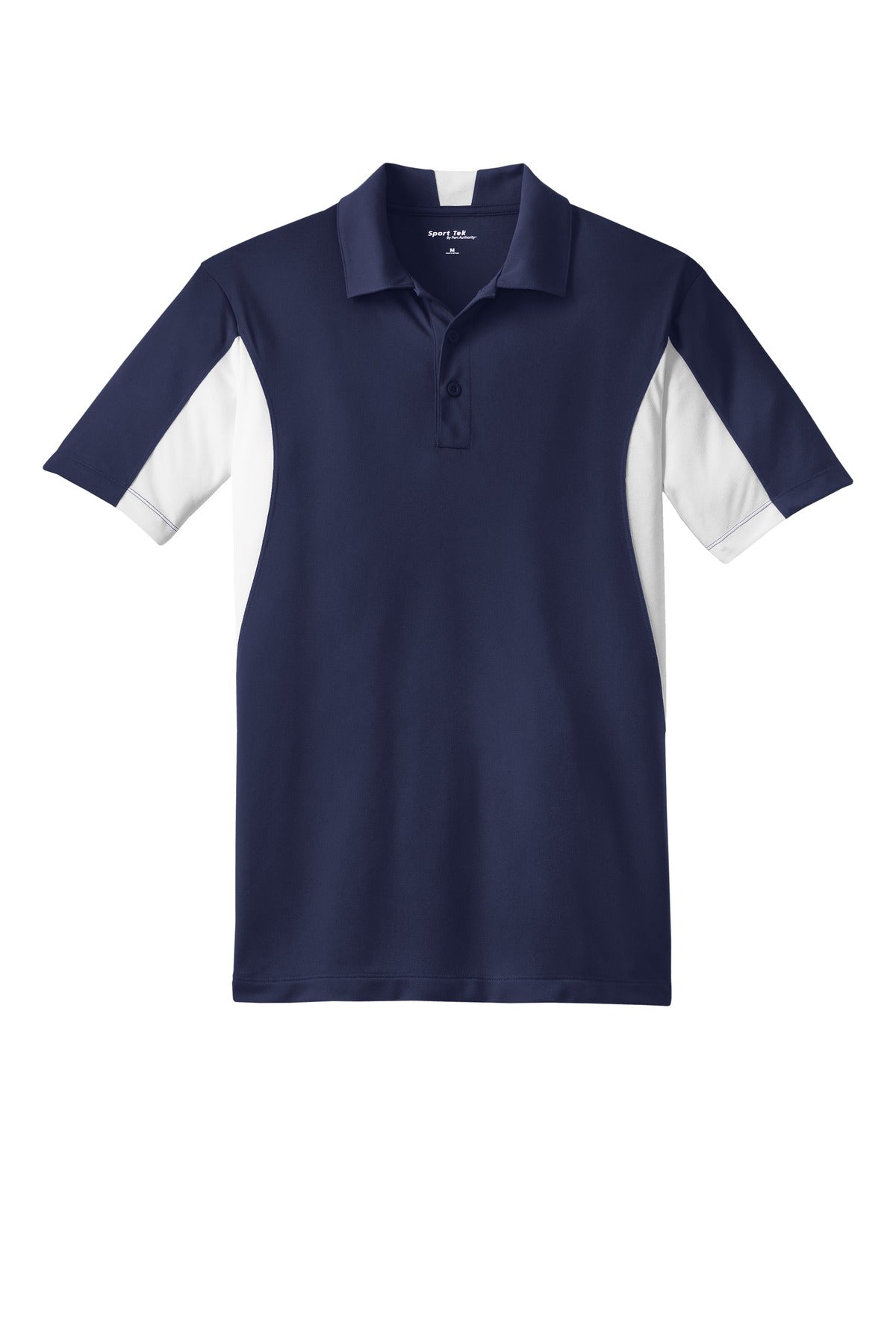 Sport-Tek Tall Side Blocked Micropique Sport-Wick Polo in color true navy with white armpits against a white background