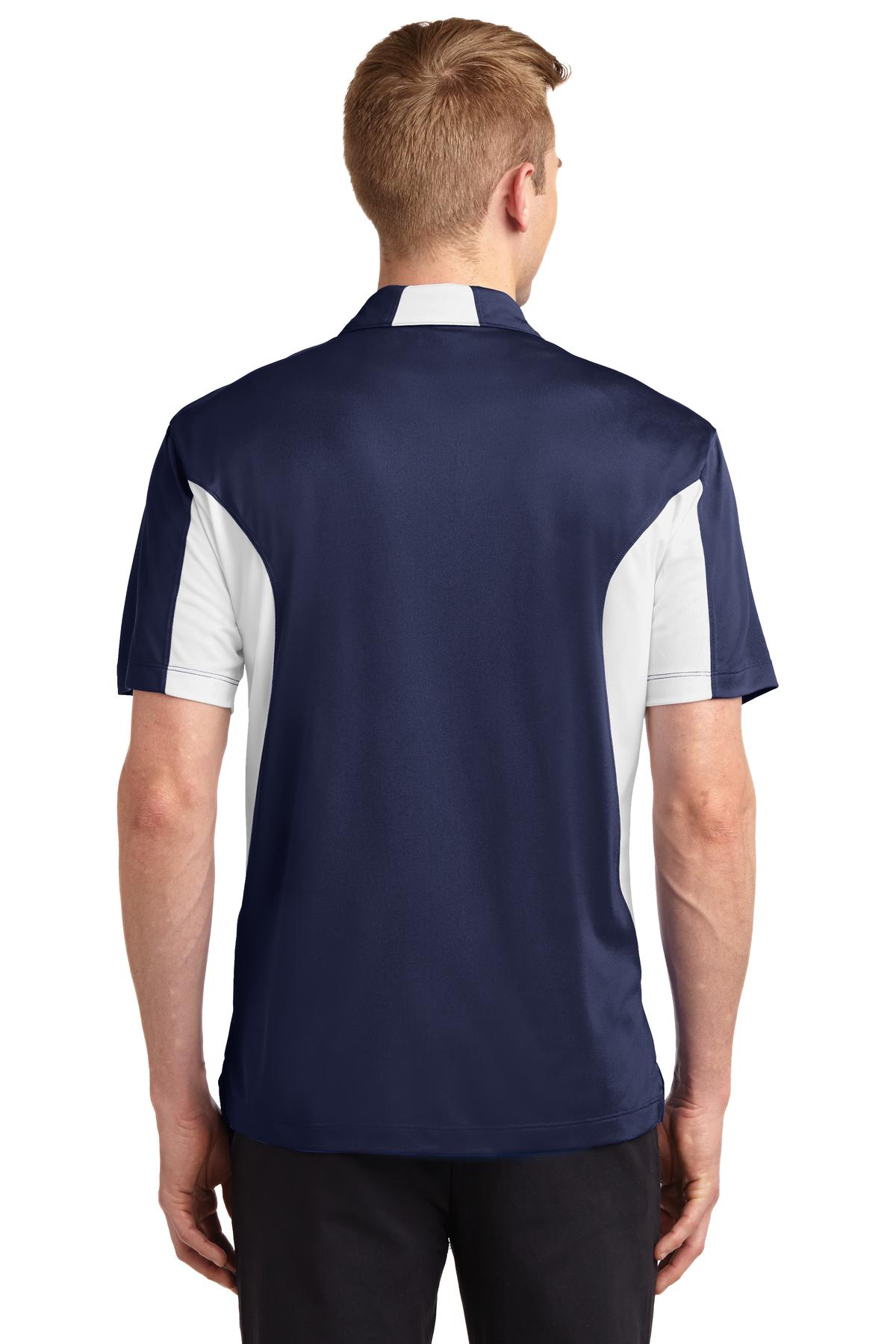 tall male model 6'4 wearing a medium Sport-Tek Tall Side Blocked Micropique Sport-Wick Polo in color true navy with white armpits showing the back of the shirt against a white background