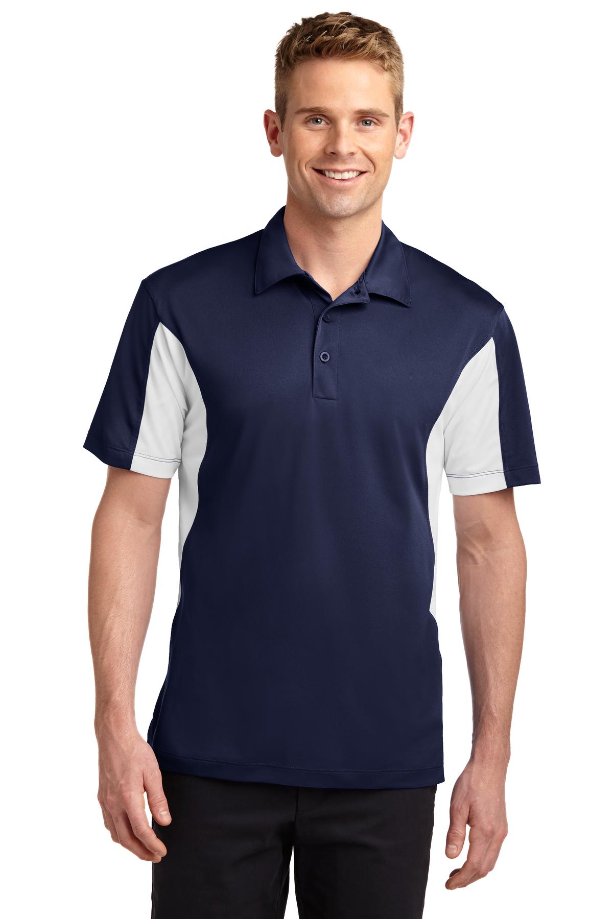 tall male model 6'4 wearing a medium Sport-Tek Tall Side Blocked Micropique Sport-Wick Polo in color true navy with white armpits against a white background