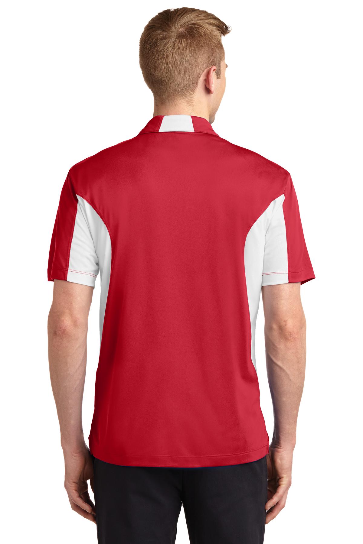 tall male model 6'4 wearing a medium Sport-Tek Tall Side Blocked Micropique Sport-Wick Polo in color true red with white armpits showing the back of the shirt against a white background