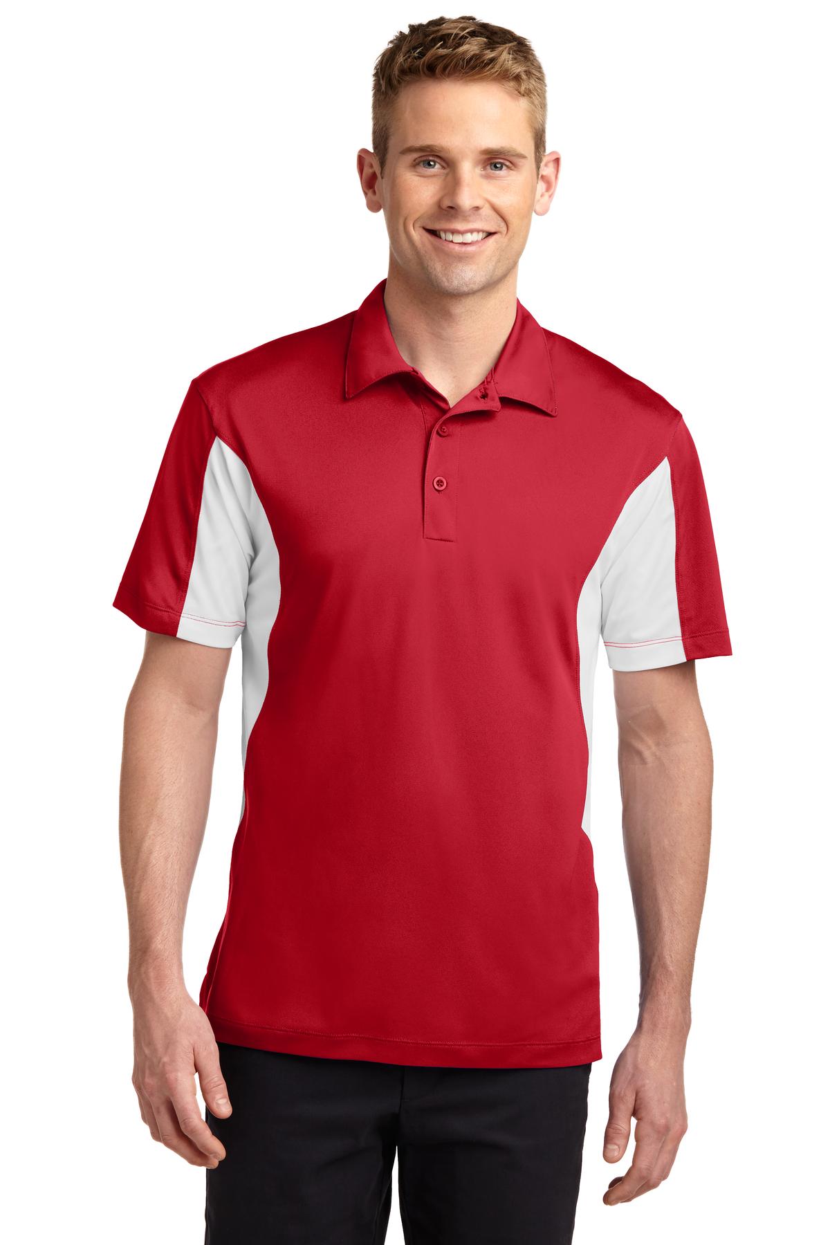 tall male model 6'4 wearing a medium Sport-Tek Tall Side Blocked Micropique Sport-Wick Polo in color true red with white armpits against a white background