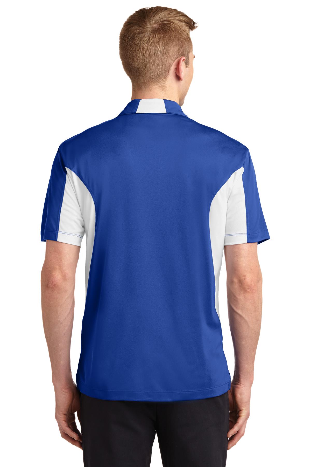 tall male model 6'4 wearing a medium Sport-Tek Tall Side Blocked Micropique Sport-Wick Polo in color true royal with white armpits showing the back of the shirt against a white background