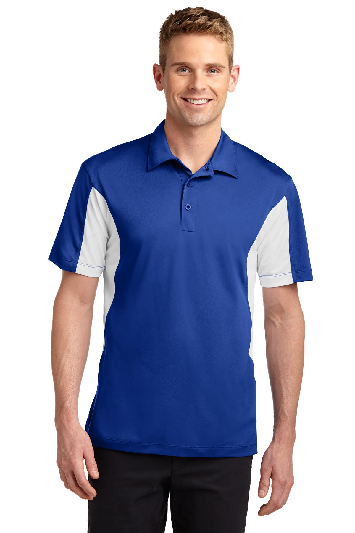 tall male model 6'4 wearing a medium Sport-Tek Tall Side Blocked Micropique Sport-Wick Polo in color true royal with white armpits against a white background