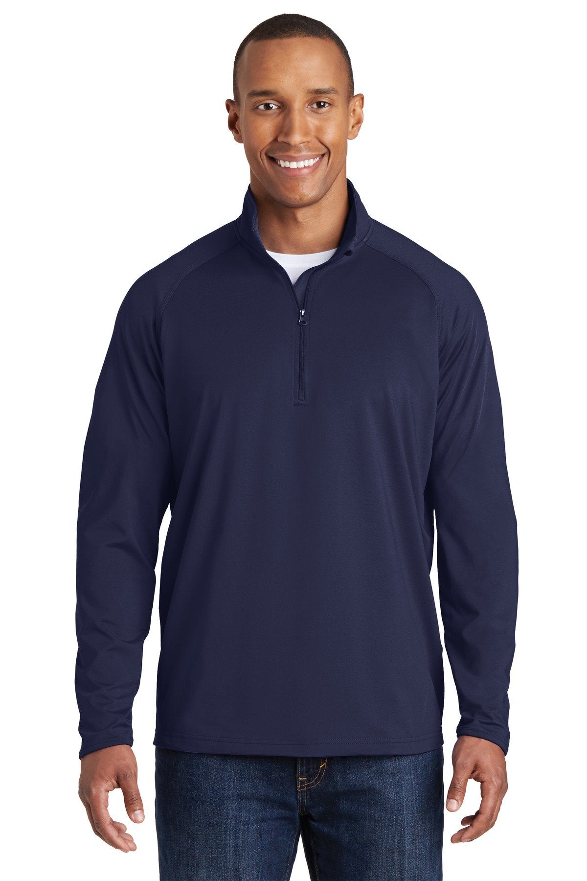 Tall male model 6'5 wearing a sport tek true navy colored medium sport wick 90/10 poly/spandex designed for comfort against a white background