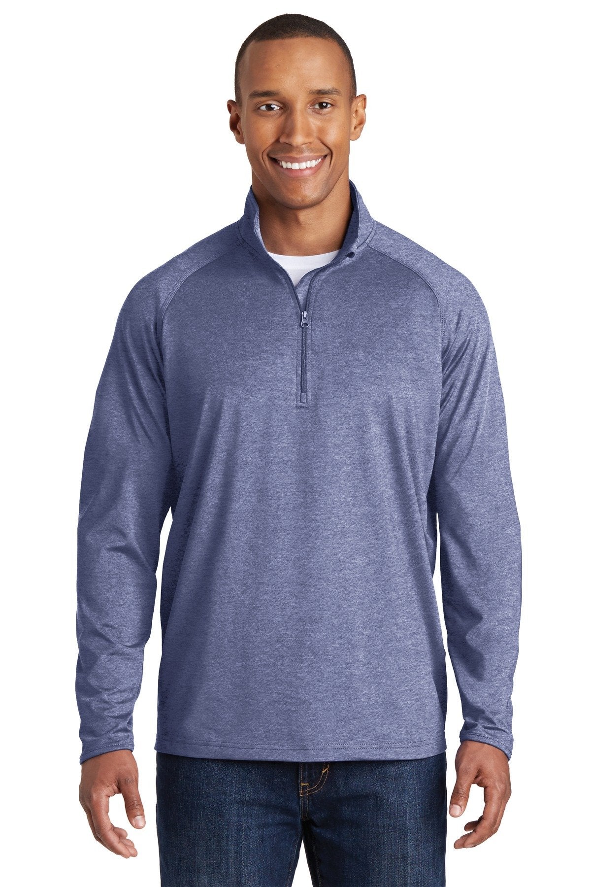 Tall male model 6'5 wearing a sport tek true navy heather colored medium sport wick 90/10 poly/spandex designed for comfort against a white background