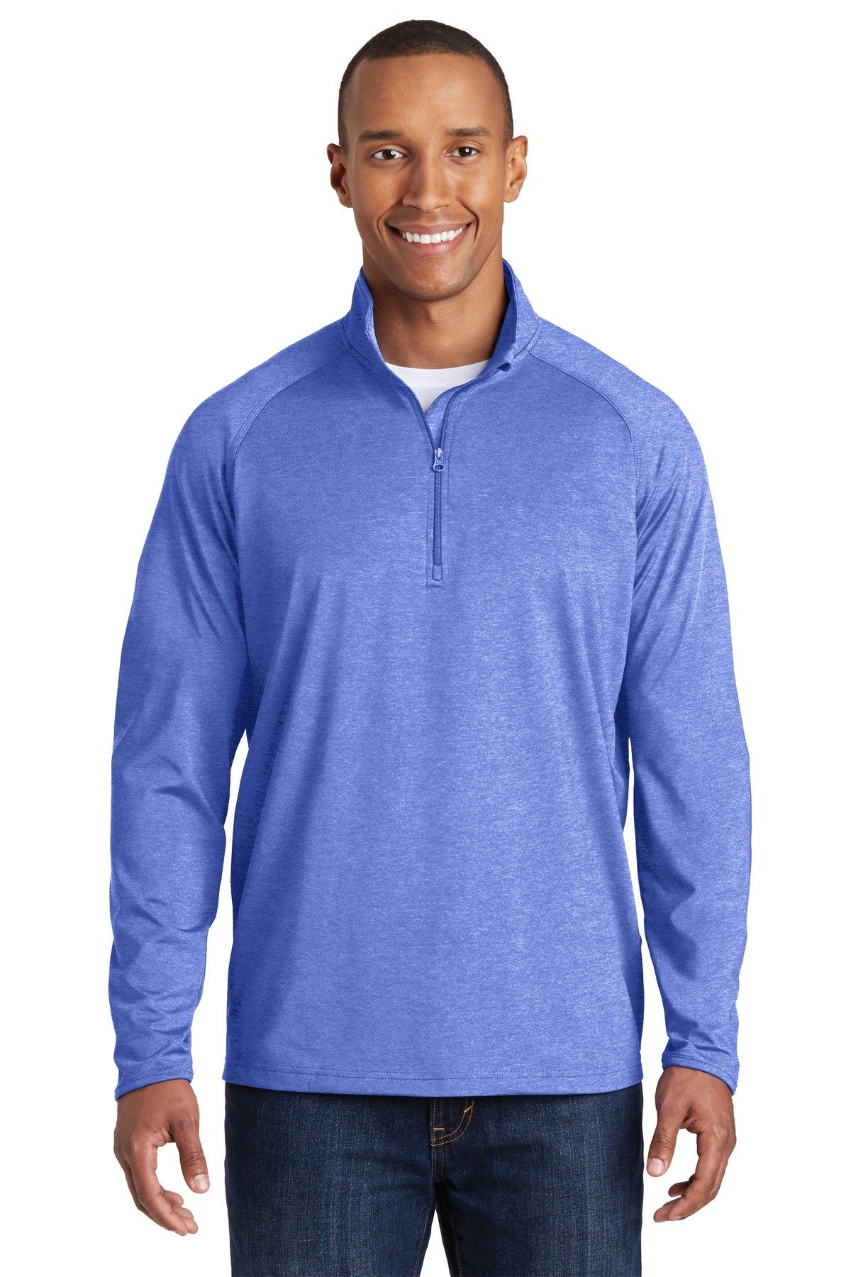 Tall male model 6'5 wearing a sport tek true royal heather colored medium sport wick 90/10 poly/spandex designed for comfort against a white background