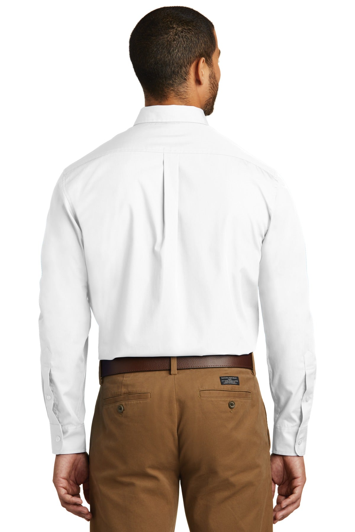 Tall male model 6'4 wearing a large Port Authority Tall Long Sleeve Carefree Poplin Shirt in color white cotton/poly blend light weight and breathable showing the back of the shirt against a white background