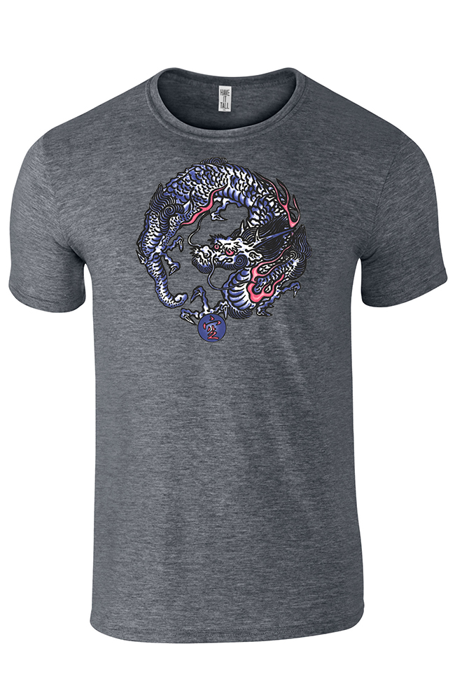 heather charcoal Tattoo Dragon tee shirt 65% Polyester / 35% Ring Spun Cotton against a white background