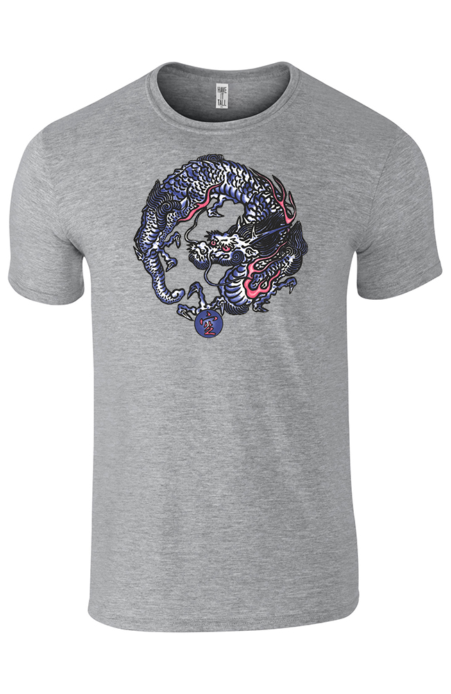 sport gray Tattoo Dragon tee shirt 65% Polyester / 35% Ring Spun Cotton against a white background
