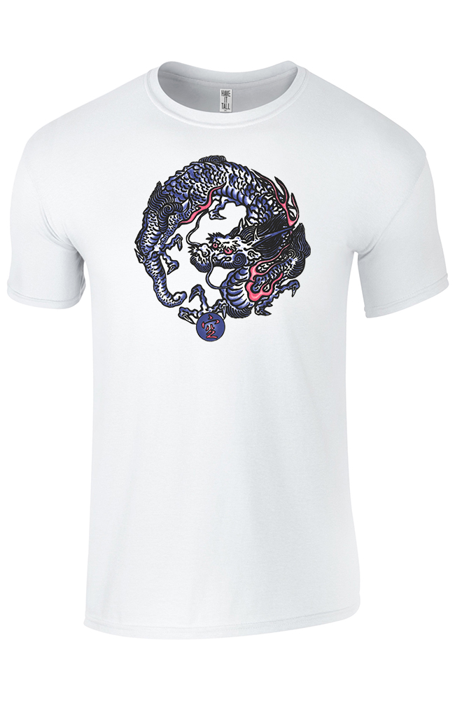 white Tattoo Dragon tee shirt 65% Polyester / 35% Ring Spun Cotton against a white background