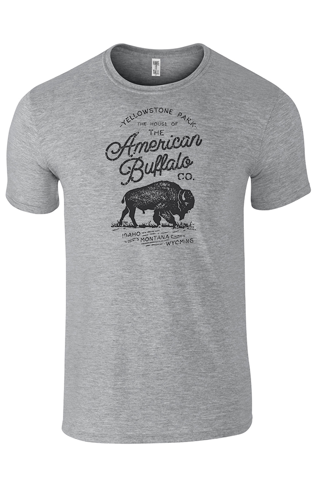 Graphite Tee shirt with text that reads "Yellowstone Park. The house of the American buffalo." against a white background