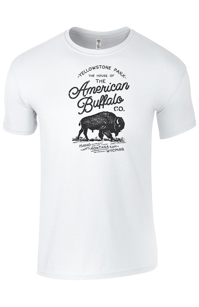 White Tee shirt with text that reads "Yellowstone Park. The house of the American buffalo." against a white background