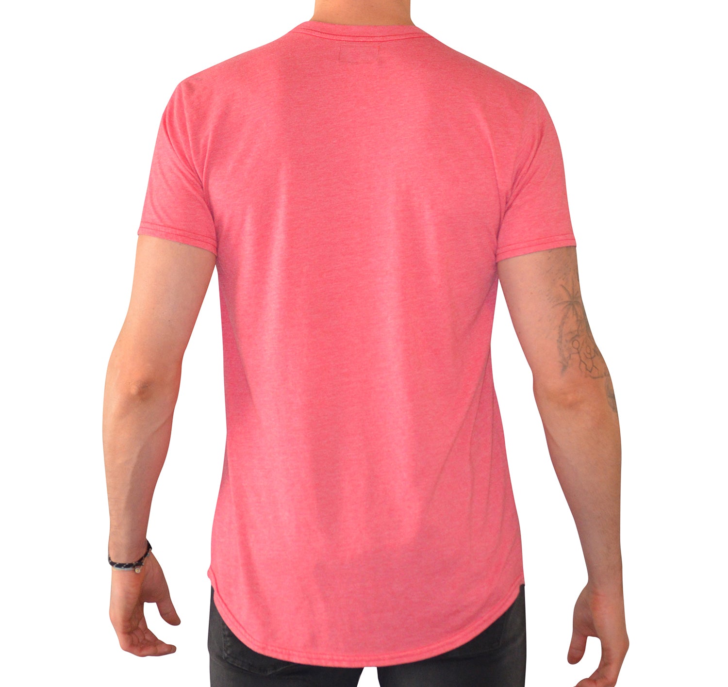 Tall Male model 6,4 wearing a small Rose Pink Have It Tall T shirt with curved hem showing the back of the shirt against a white background