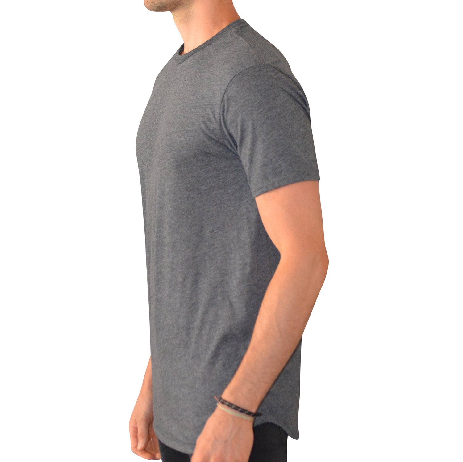 Tall Male model 6,2 wearing a medium Asphalt Have It Tall T shirt with curved hem side profile against a white background