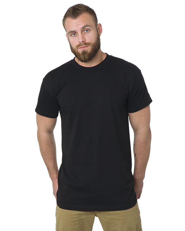 Tall male model 6'2 wearing a medium bayside tall t shirt in black color 100% preshrunk cotton for luxury softness against a white background