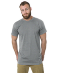 Tall male model 6'2 wearing a medium bayside tall t shirt in dark ash color 100% preshrunk cotton for luxury softness against a white background