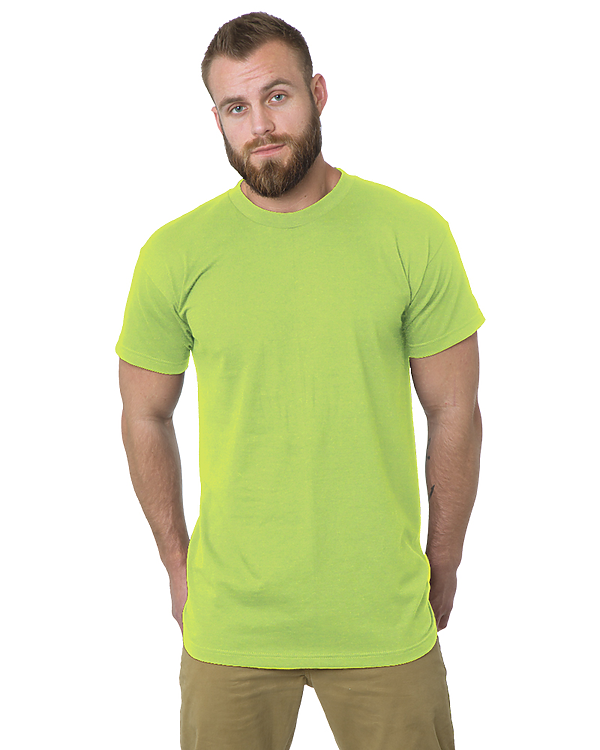 Tall male model 6'2 wearing a medium bayside tall t shirt in lime green color 100% preshrunk cotton for luxury softness against a white background
