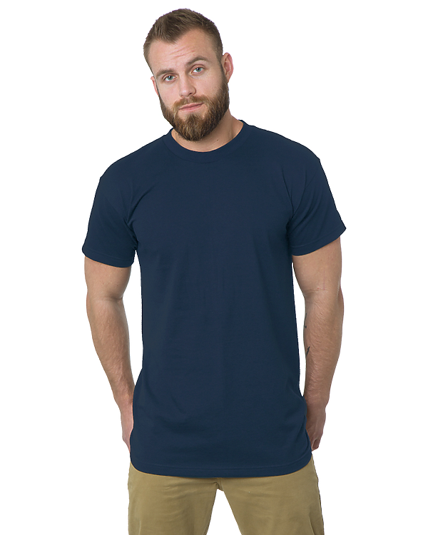 Tall male model 6'2 wearing a medium bayside tall t shirt in navy color 100% preshrunk cotton for luxury softness against a white background