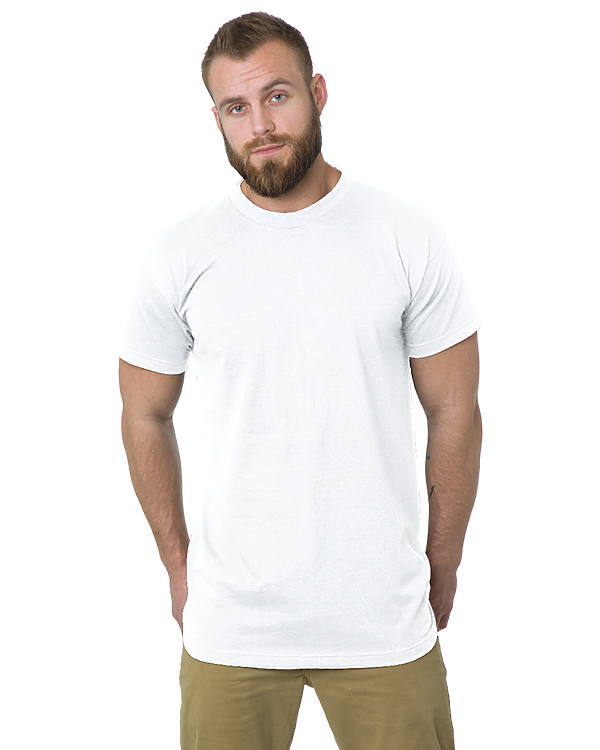 Tall male model 6'2 wearing a medium bayside tall t shirt in white color 100% preshrunk cotton for luxury softness against a white background