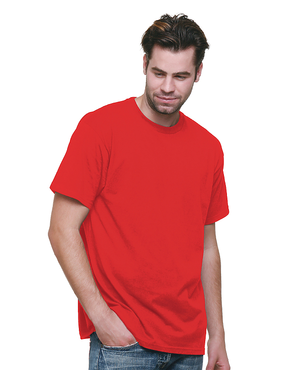 Tall male model 6'3 wearing a medium bayside tall t shirt in red color 100% preshrunk cotton for luxury softness against a white background