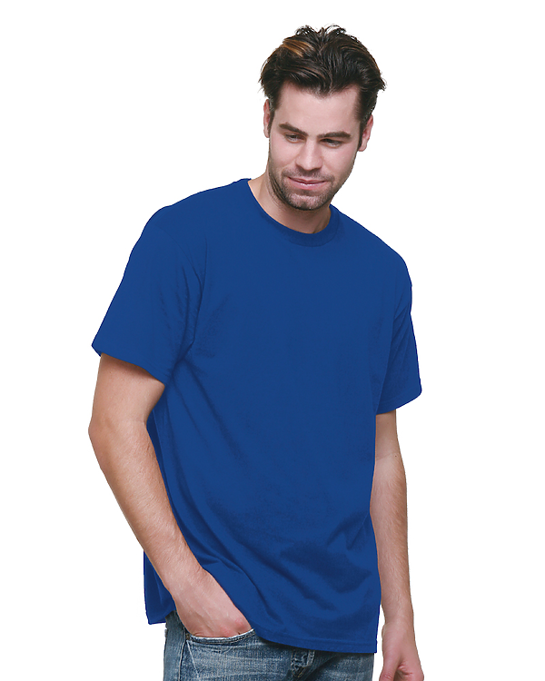 Tall male model 6'3 wearing a medium bayside tall t shirt in royal color 100% preshrunk cotton for luxury softness against a white background