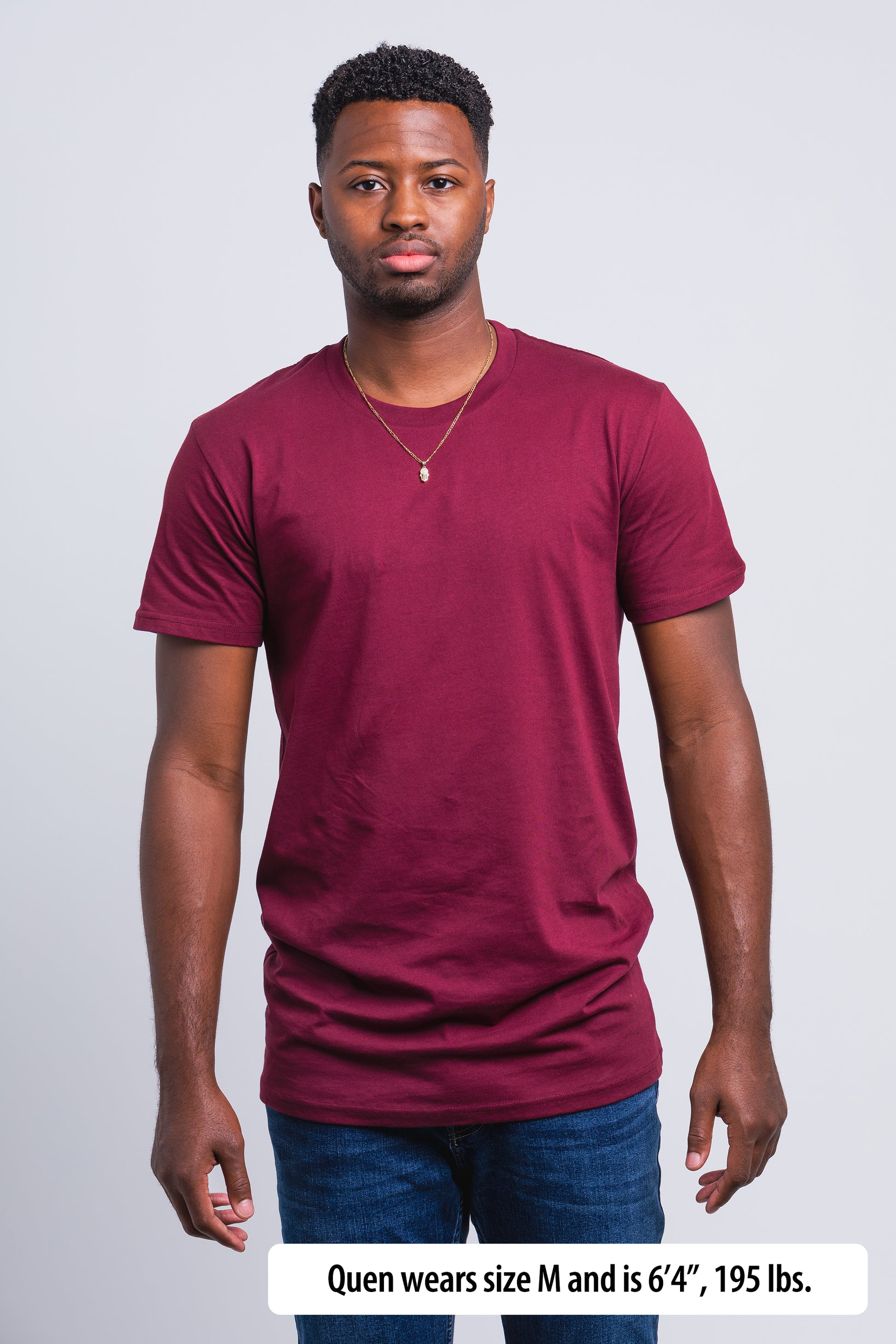 Have It Tall Extra Tall T Shirt worn by a male model (6'4" tall) wearing a size medium Burgundy standing against a blank background.