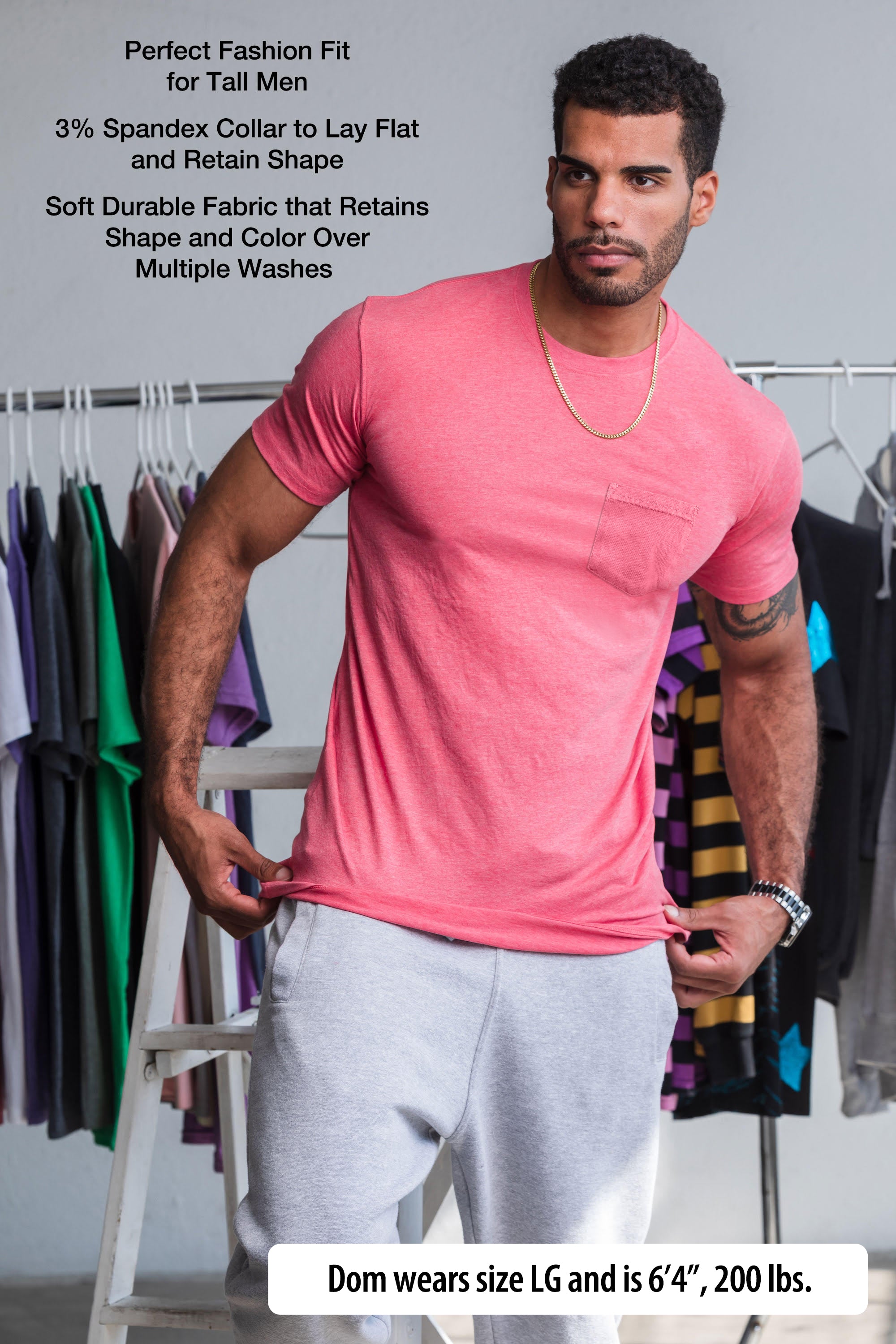 Have It Tall Fashion Fit Tall pocket T Shirt worn by a male model (6'4" tall) wearing a size large Heather red standing in a tall apparel showroom.