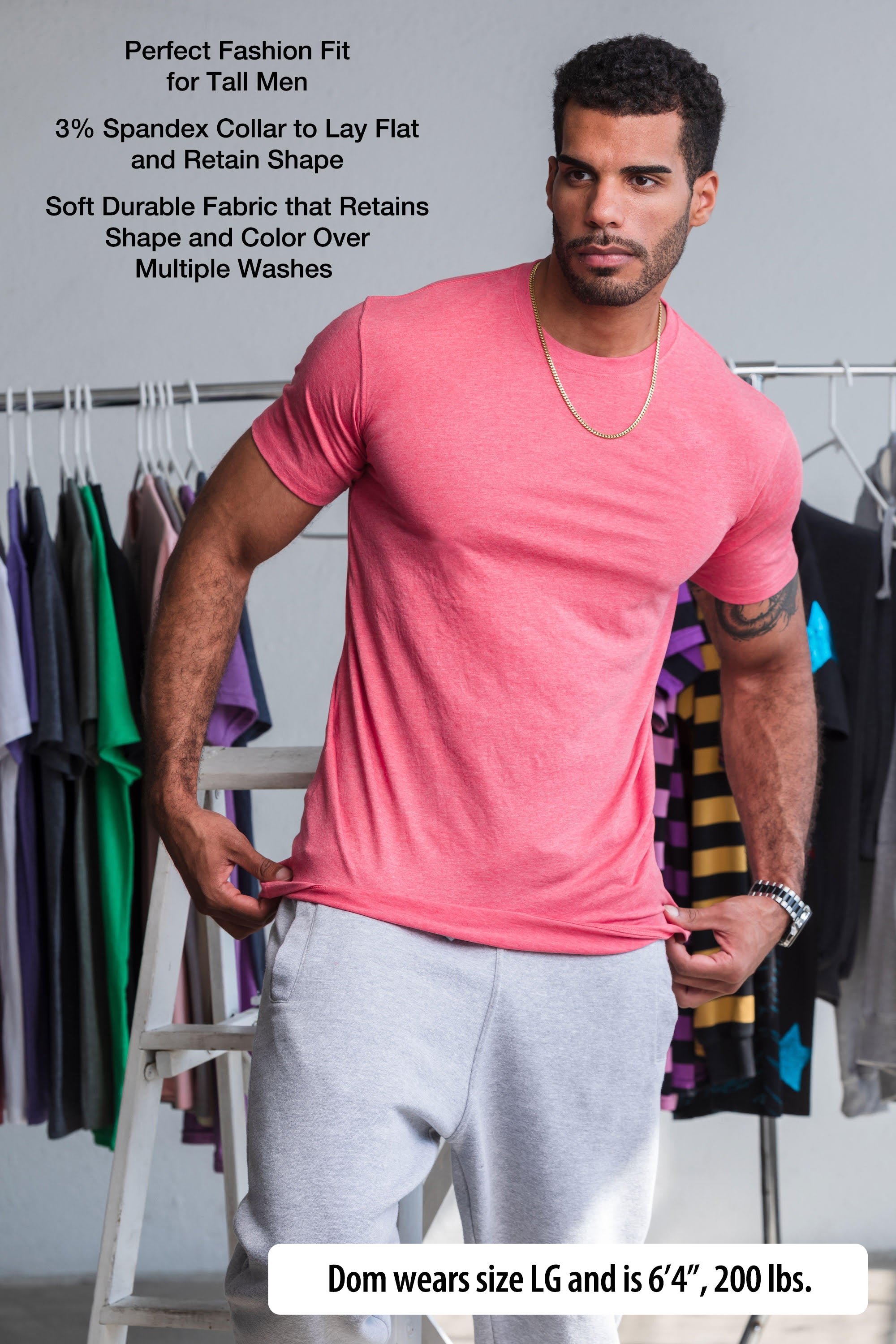 Have It Tall Fashion Fit Tall T Shirt worn by a male model (6'4" tall) wearing a size large Heather red standing in a tall apparel showroom.