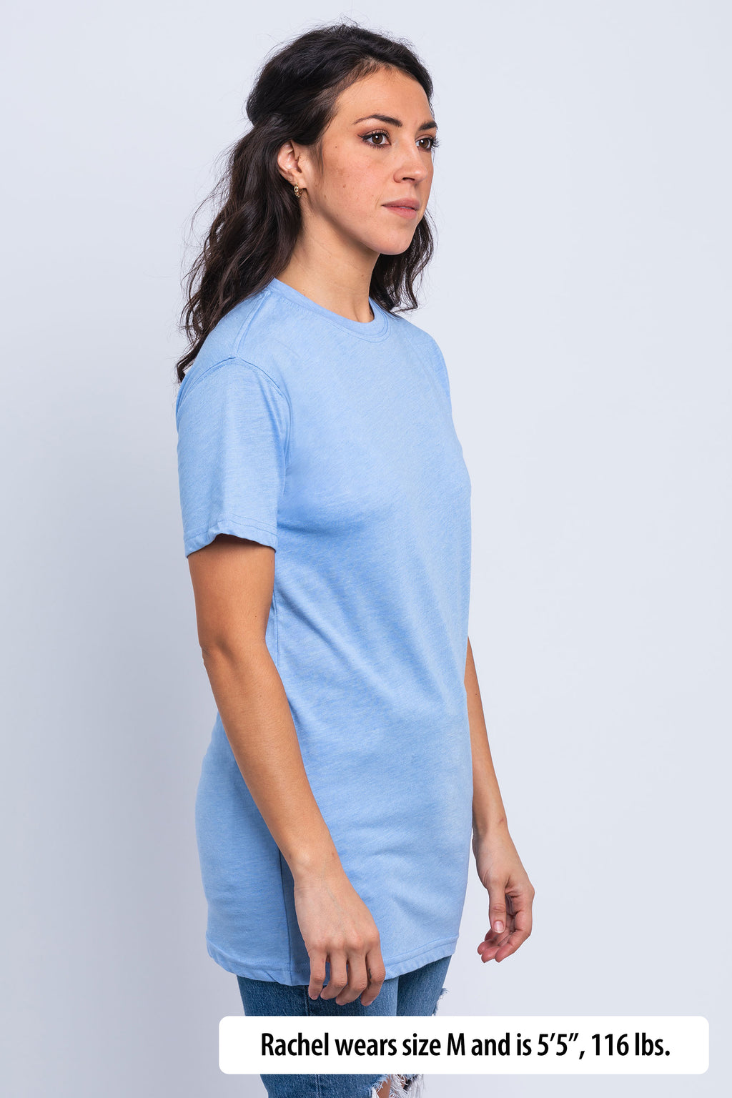 Have It Tall Fashion Fit Tall T Shirt worn by a female model (5'5" tall) wearing a size medium standing against a blank background.