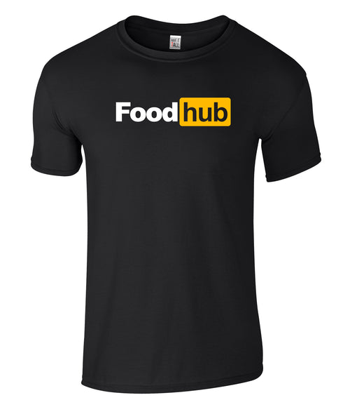 Black t-shirt with 'Foodhub' logo on a white background