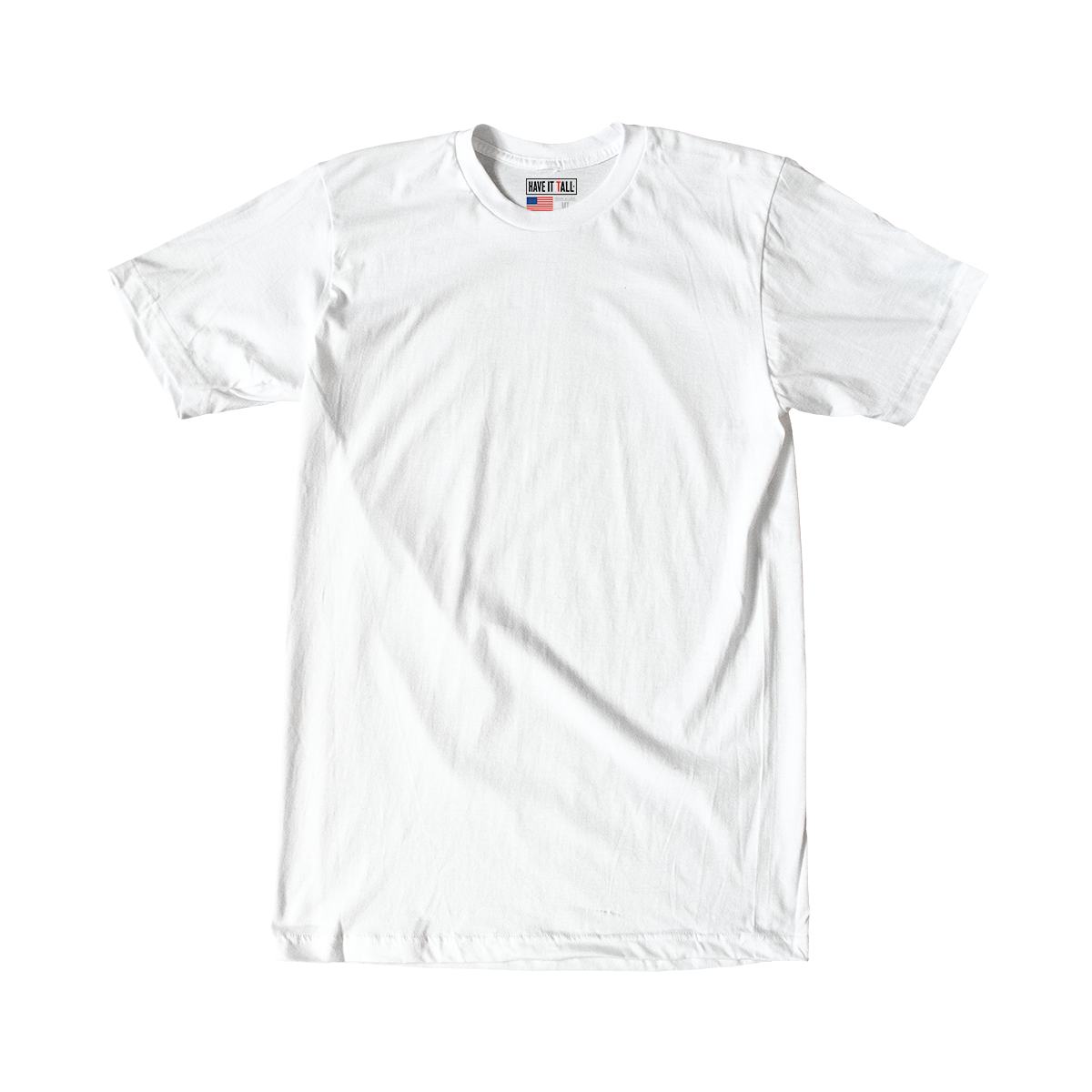 Have It Tall made in USA T shirt in white 100% cotton luxury soft tee for tall men and women against a white background