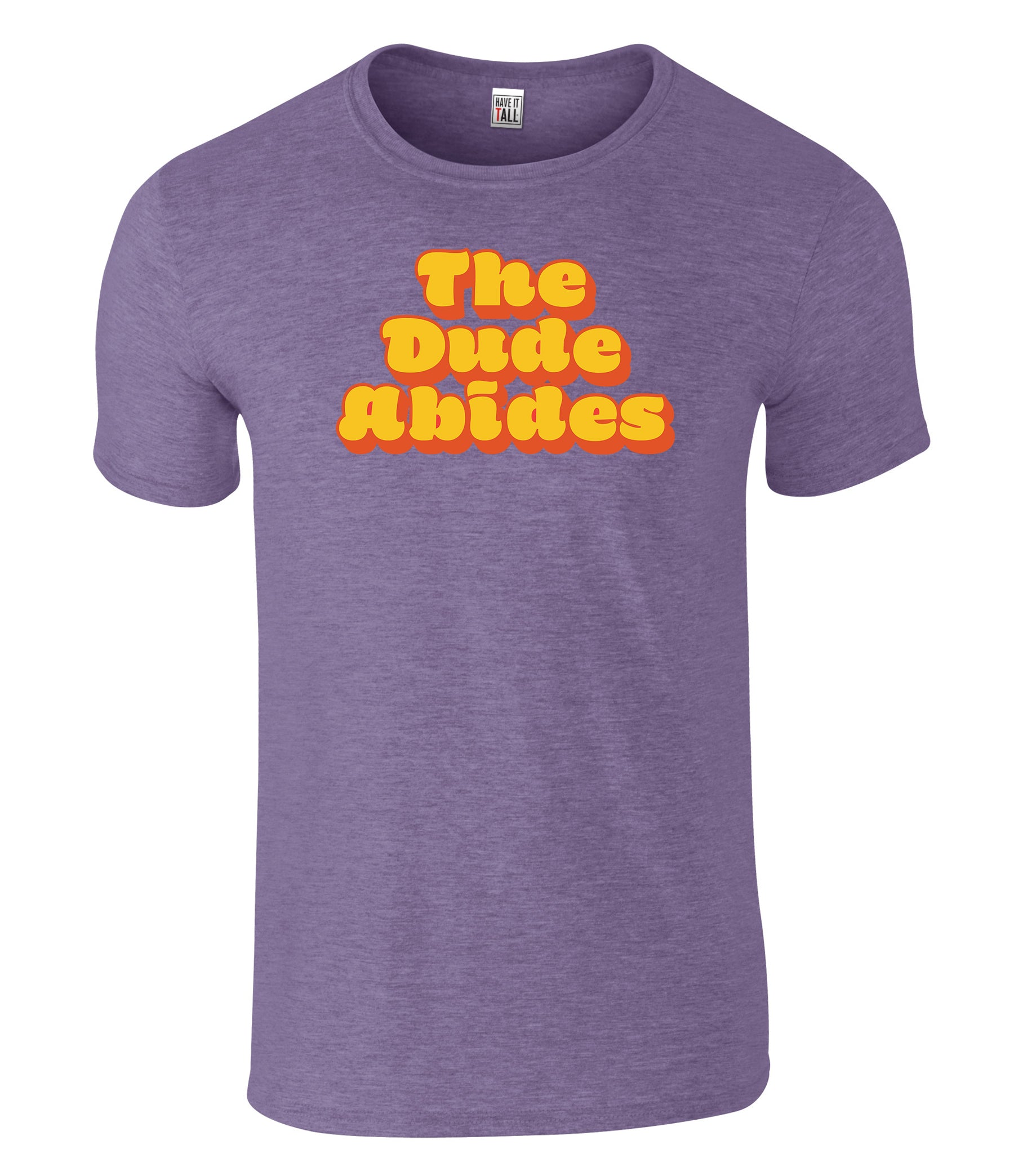Tall Purple t-shirt with 'The Dude Abides' text in orange and yellow on a white background