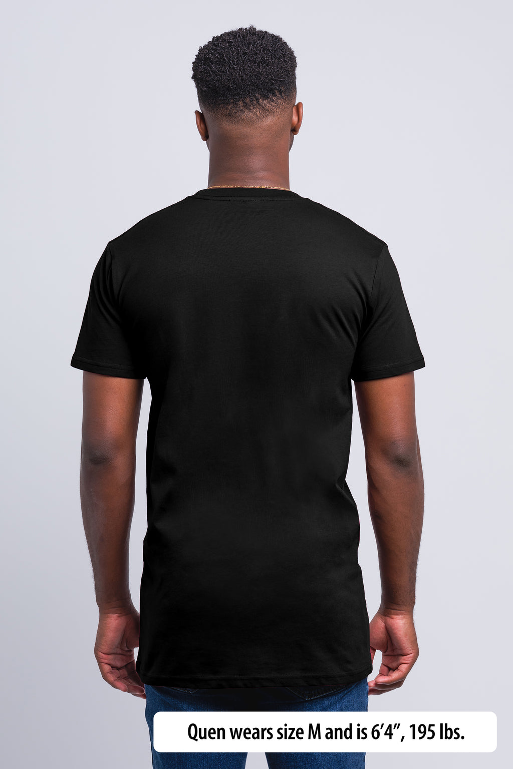 Have It Tall Extra Tall T Shirt worn by a male model (6'4" tall) wearing a size medium Black standing against a blank background.