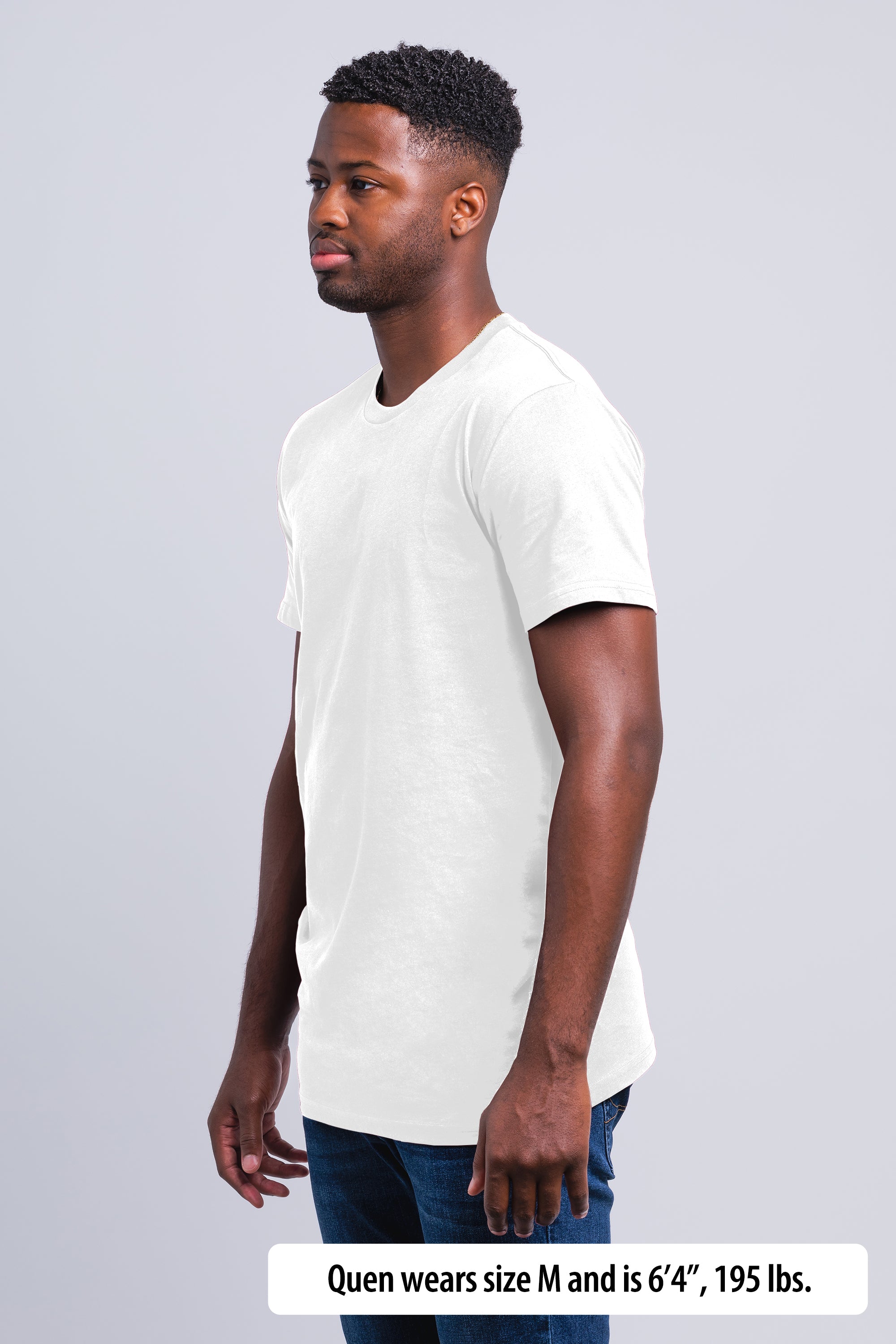 Have It Tall Extra Tall T Shirt worn by a male model (6'4" tall) wearing a size medium White standing against a blank background.