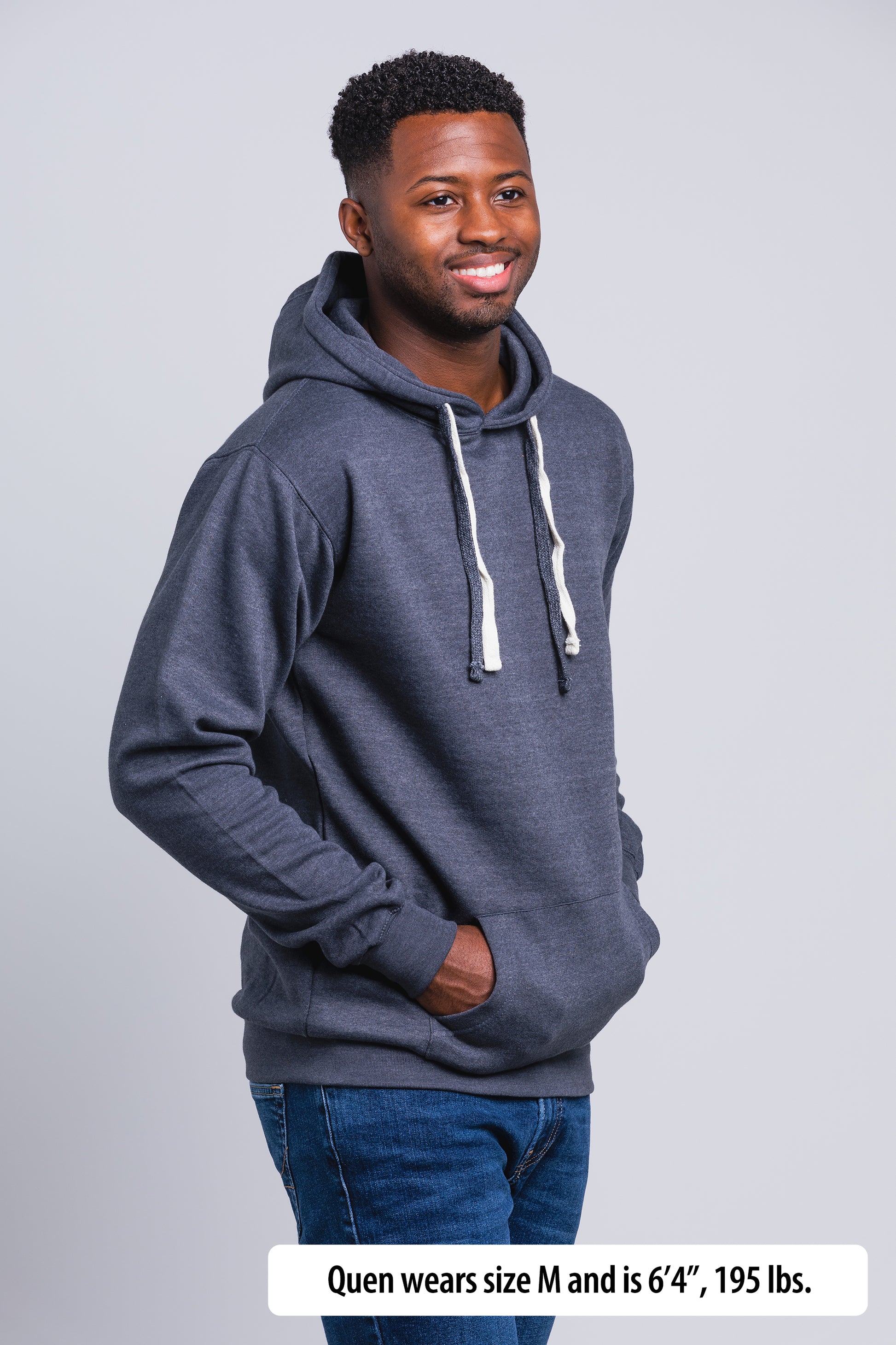 Have It Tall Hoodie  worn by a male model (6'4" tall) wearing a size Medium Heather Charcoal standing in a tall apparel showroom.