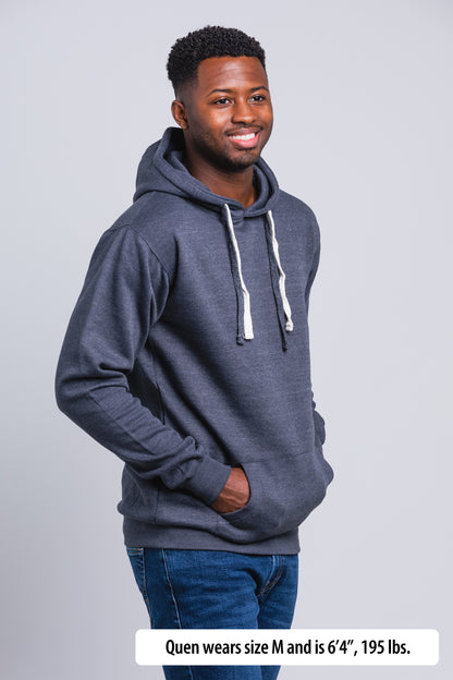 Have It Tall Hoodie  worn by a male model (6'4" tall) wearing a size Medium Heather Charcoal standing in a tall apparel showroom.