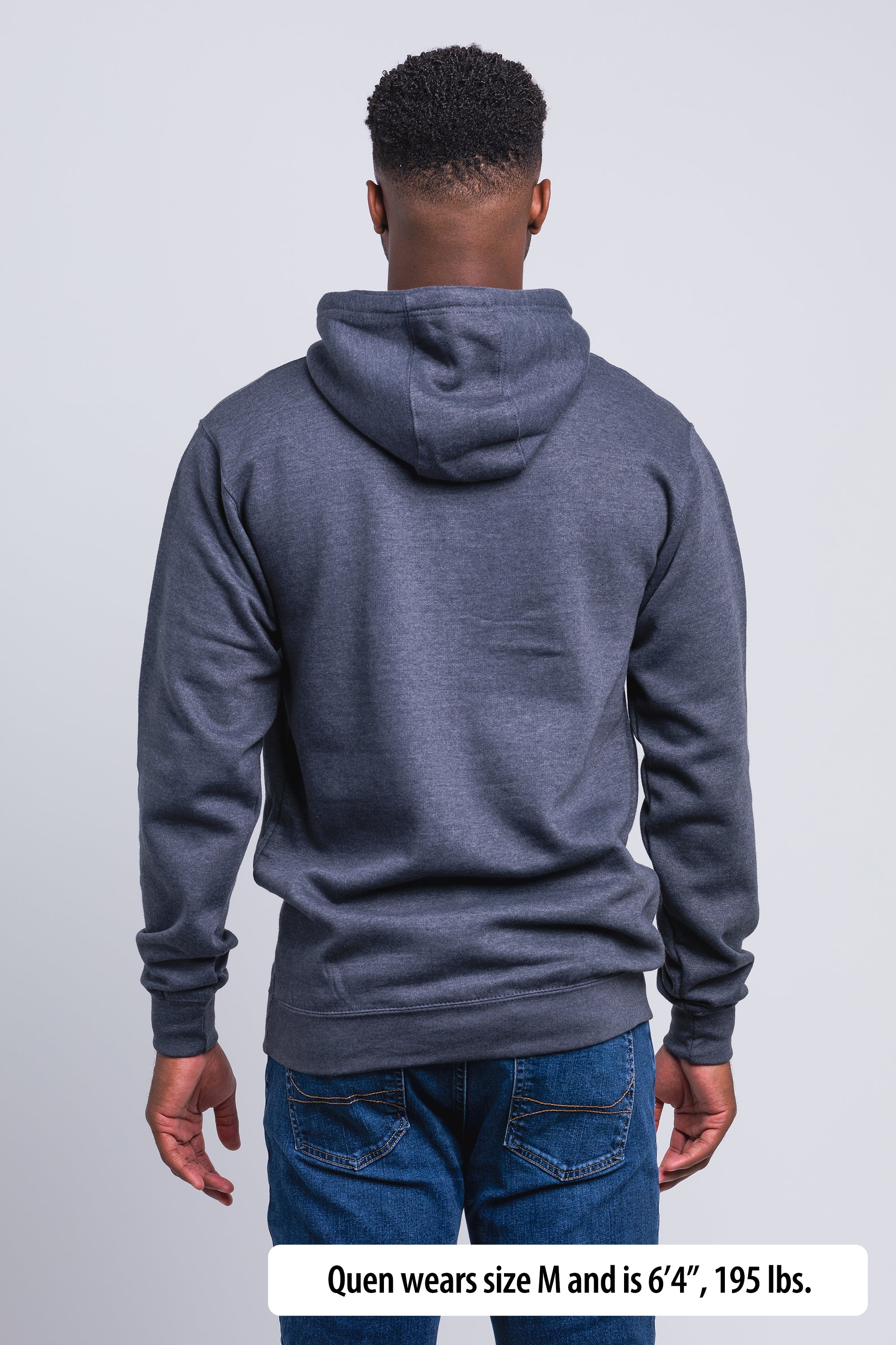 Have It Tall Hoodie  worn by a male model (6'4" tall) wearing a size Medium Heather Charcoal standing in a tall apparel showroom.